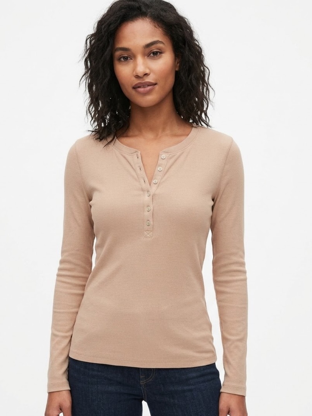 GAP Nude Chameleon Beige Ribbed Long Sleeve Henley Top Size Medium